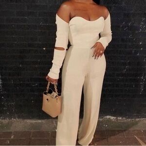 Chic Off-Shoulder Cream crop top and Pant set